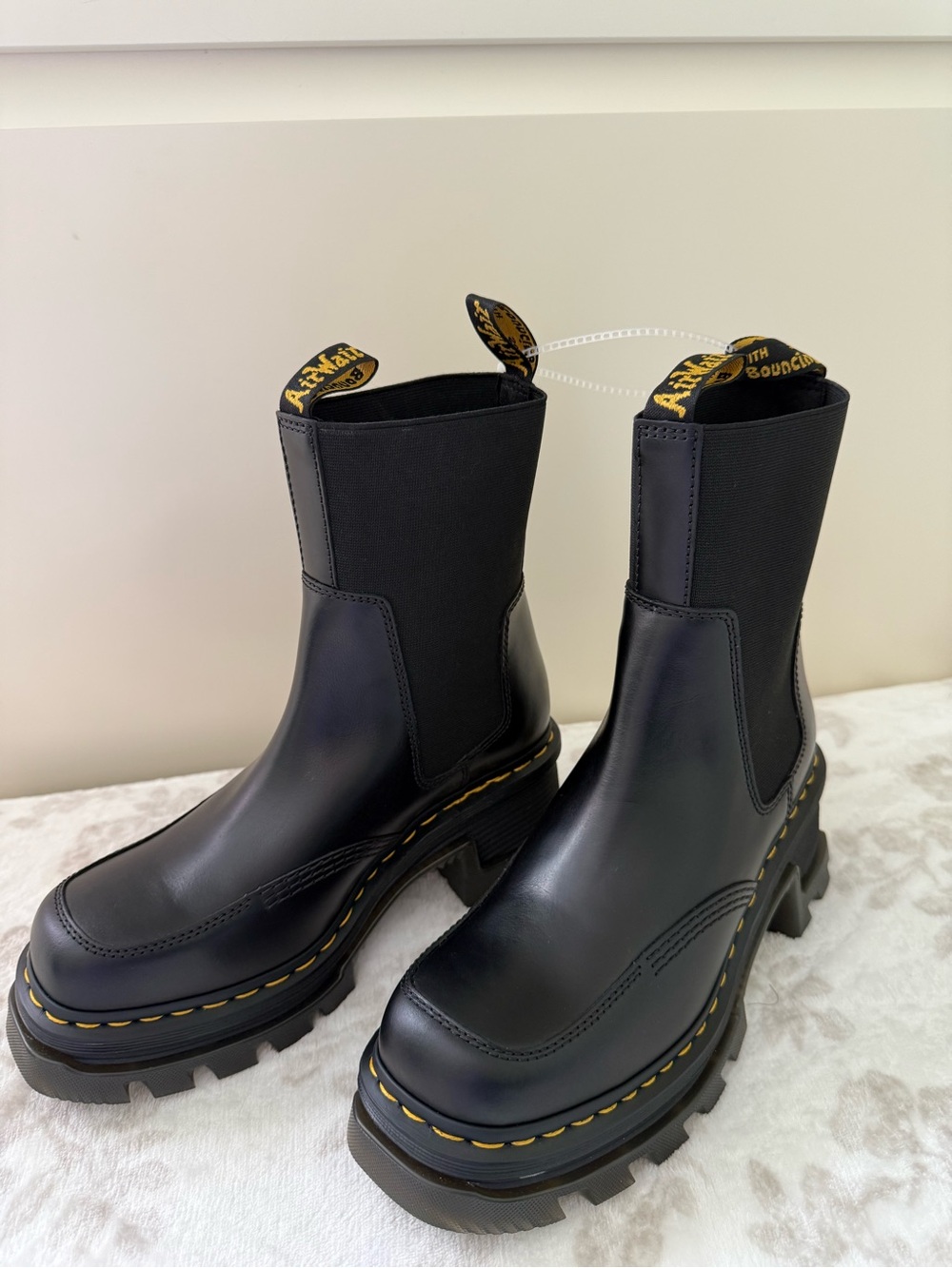 Dr. Martens Corran Black Leather Chelsea Lug Boots with Yellow Stitching - Picture 2 of 14